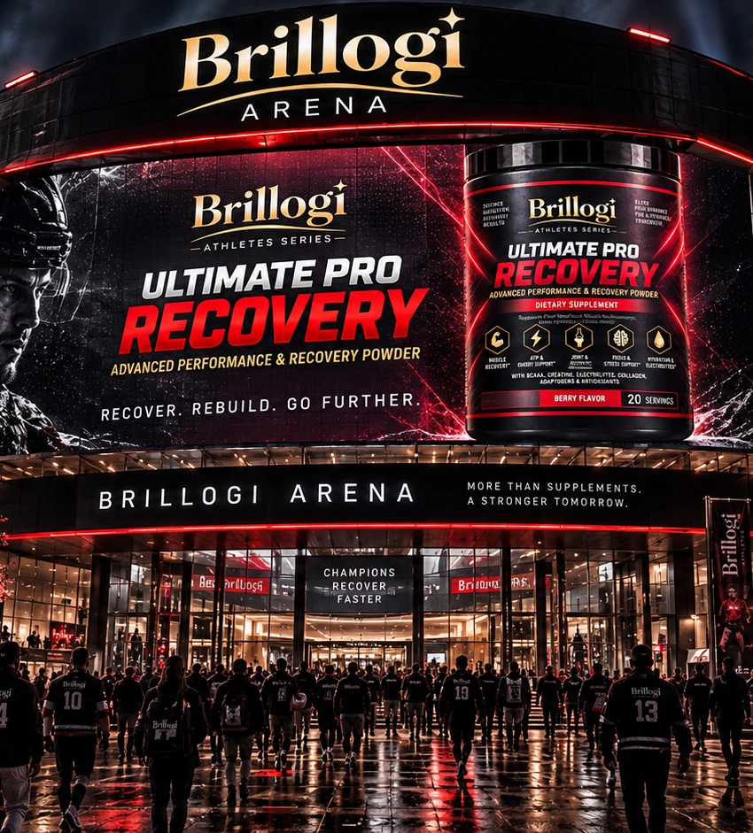 BRILLOGI Arena at night with the Ultimate Pro Recovery campaign across the facade